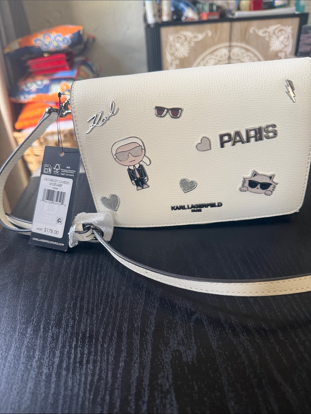 Karl Lagerfeld Cream Crossbody Bag with Paris & Character Patches